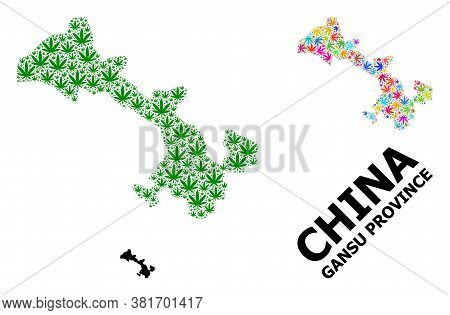 Vector Weed Mosaic And Solid Map Of Gansu Province. Map Of Gansu Province Vector Mosaic For Hemp Leg