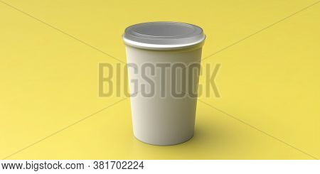 Coffee Cup Package Blank, White Color With Lid On Yellow Color Background. 3D Illustration