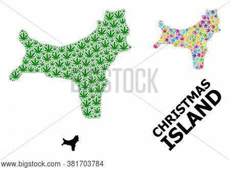 Vector Hemp Mosaic And Solid Map Of Christmas Island. Map Of Christmas Island Vector Mosaic For Weed