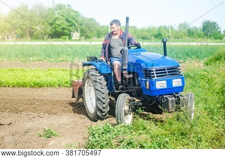 A Farmer Drives A Tractor While Working On A Farm Field. Loosening Surface, Cultivating The Land. Fa