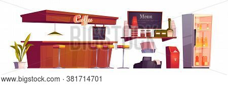 Coffee Shop Interior With Wooden Counter, Stools And Bottles In Fridge. Vector Cartoon Set Of Furnit
