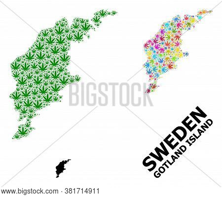 Vector Weed Mosaic And Solid Map Of Gotland Island. Map Of Gotland Island Vector Mosaic For Drug Leg