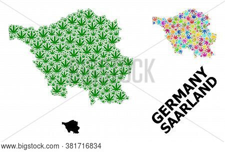 Vector Marijuana Mosaic And Solid Map Of Saarland State. Map Of Saarland State Vector Mosaic For Mar