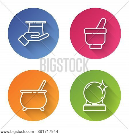 Set Line Magician Hat In Hand, Magic Mortar And Pestle, Witch Cauldron And Magic Ball. Color Circle 