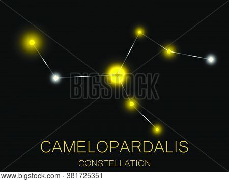 Camelopardalis Constellation. Bright Yellow Stars In The Night Sky. A Cluster Of Stars In Deep Space