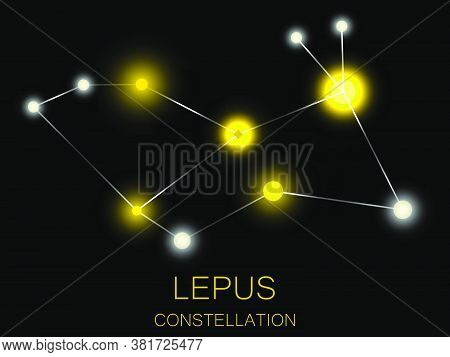 Lepus Constellation. Bright Yellow Stars In The Night Sky. A Cluster Of Stars In Deep Space, The Uni