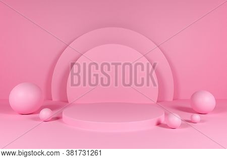 3d Podium In Geometric Figures Cylinder, Ball In Trendy Pastel Colors. Platform Set For Product Show