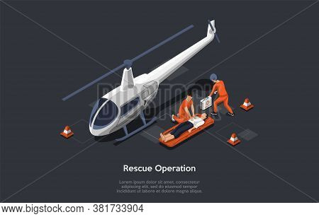 Resque Equipment And Helicopter Flight Resque System Concept. The Rescuers Came With Helicopter Use 