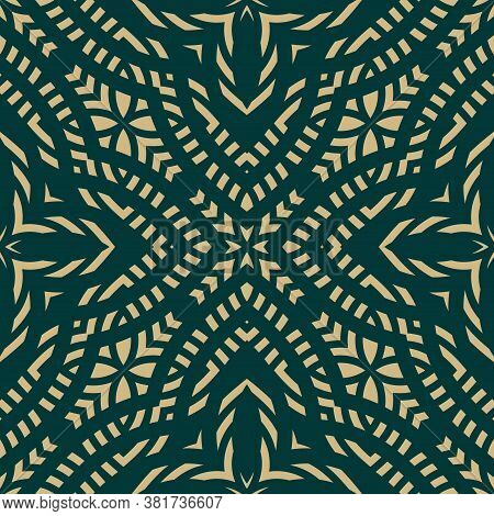 Vector Ornamental Geometric Seamless Pattern. Gold And Green Abstract Floral Ornament. Ornate Backgr