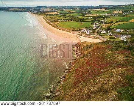 Aerial Drone View Of Atlantic Ocean Shore Line In Finistere, Brittany, France. Aerial Drone View Of 