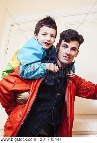 Faher And Son Together Having Fun At Home, Lifestyle Happy Family, People At Home