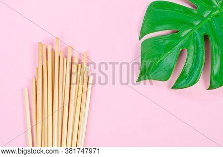 Wheat Straw For Drinking Water With Green Leaves On Pink Background. Zero Waste Concept.