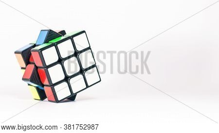 Bangkok, Thailand - August 20, 2020 : Close-up Of 3x3 Rubik\'s Cube On White Background