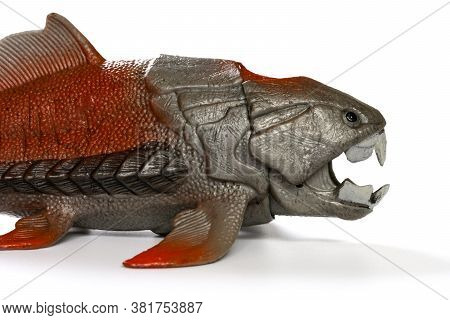 Side View Of Dunkleosteus Terrelli Model On White Close Up On The Head