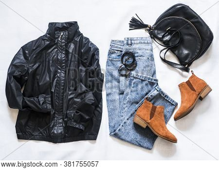 Women's Clothing Black Jacket Windbreaker, Mom's Blue Jeans, Black Leather Bag, Brown Suede Chelsea 