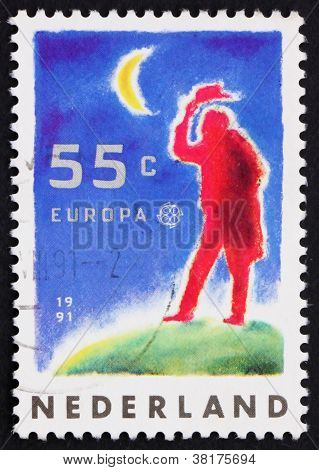 Postage stamp Netherlands 1991 Man and Moon