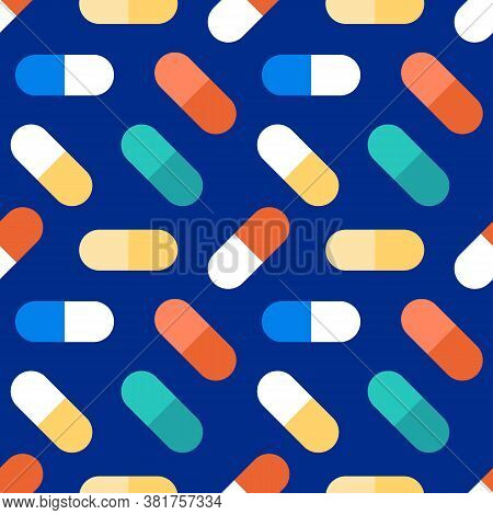 Colorful Vector Pills, Vitamins, Food Suppliments On Blue Seamless Pattern Background.