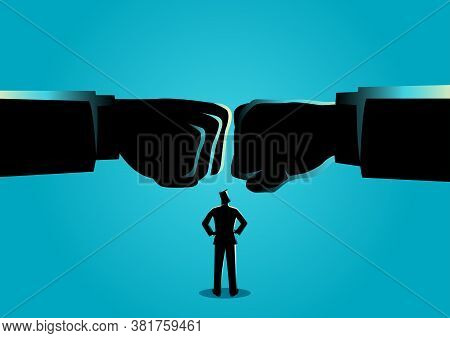 Business Concept Vectro Illustration Of A Businessman Watching Two Giant Fist Clashed