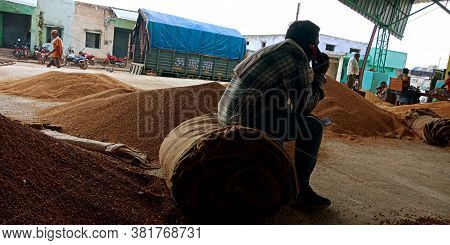 District Katni, India - August 07, 2019: An Indian Farmer Seating Upon Bunch On Empty Sacks At Gover