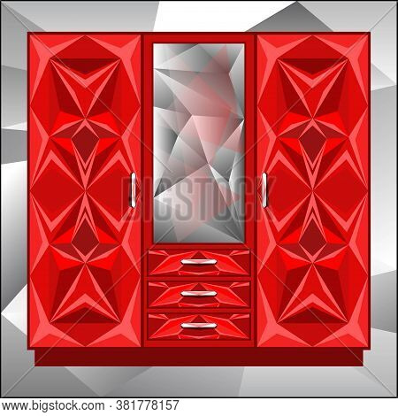 Red Wardrobe For Clothes In A Polyhedral Style. Vector Illustration