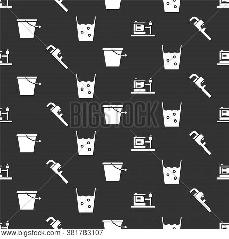 Set Electric Water Pump, Pipe Adjustable Wrench, Bucket And Glass With Water On Seamless Pattern. Ve