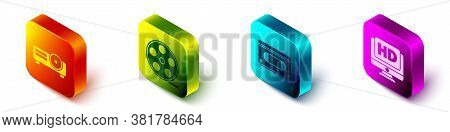 Set Isometric Movie, Film, Media Projector, Film Reel, Vhs Video Cassette Tape And Monitor With Hd V
