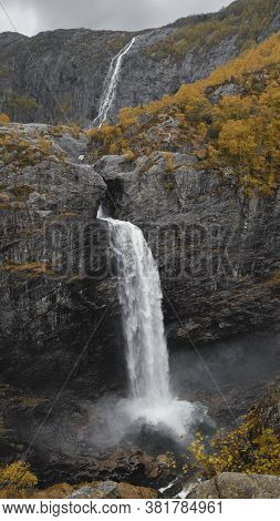 Dramatic Landscape Of Manafossen Falls And The Valley Of The River  Man In In The Province Of Rogala