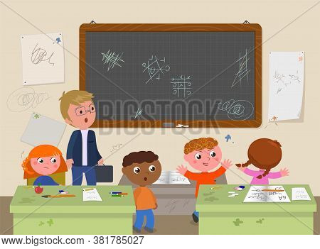 School Messy Classroom With Bratty Kids And Annoyed Teacher Vector Illustration