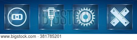 Set Electrical Outlet, Electric Rotary Hammer Drill, Circular Saw Blade And Crossed Ruler. Square Gl