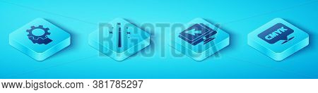 Set Isometric Human Head With Gear Inside, Magic Wand, Speech Bubble With Text Cmyk And Computer Mon