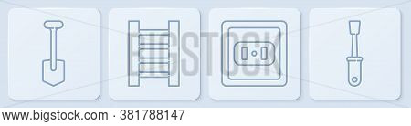 Set Line Shovel, Electrical Outlet, Wooden Staircase And Screwdriver. White Square Button. Vector