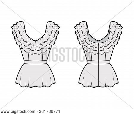 Peplum Blouse Technical Fashion Illustration With 3 Layers Of Ruffles Along The Diamond Neckline, Ba