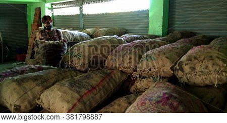 District Katni, India - August 07, 2019: Vegetable Sacks Arrange On Godown At Open Agriculture Fresh