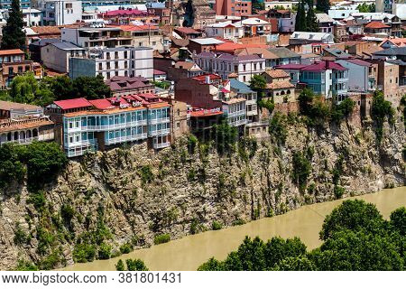 Tbilisi, Georgia - June 15, 2016: Old Tbilisi, The Houses Of Avlabari District On The Rocky Bank Of 