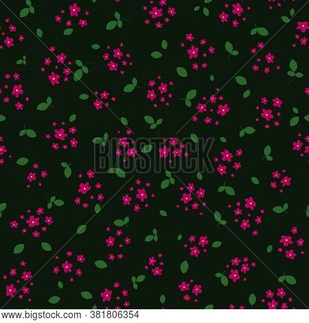 Ditsy Pattern. Simple Vector Seamless Texture With Small Red Flowers And Green Leaves On Black Backd