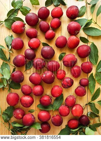 Alucha Cherry Plum Berries On Wooden Background. Shallow Dof.