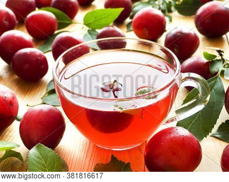 Cup Of Red Alucha Cherry Plum Compote. Shallow Dof.