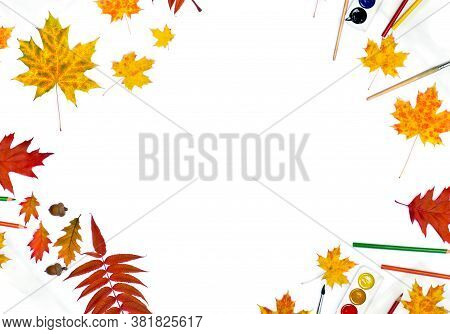 Autumnal Maple Leaves, Red Leaves Oak, Acorns, Leaves Staghorn Sumac, Pencils, Brush, Paint On White
