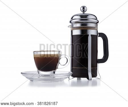 Individual Cafetiere, And Glass Expresso Cup And Saucer Full Of Smooth Expresso Coffee, Isolated On 