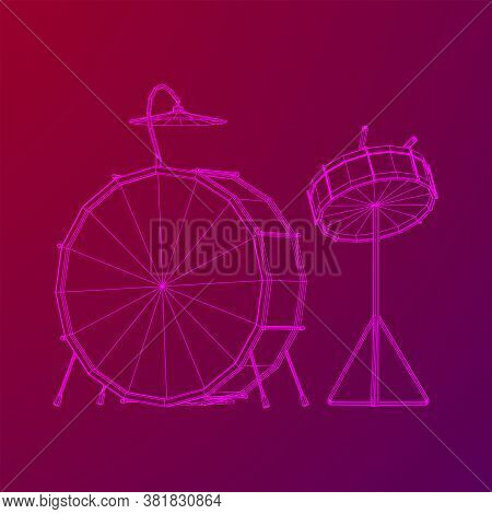 Musical Instruments Set. Rock Band Drum Kit. Percussion Musical Instrument Drums, Stick And Cymbal. 