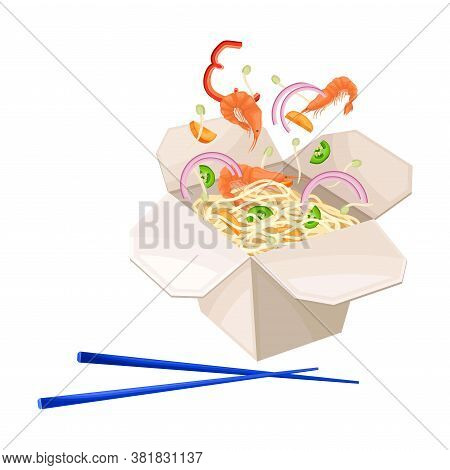 Open Cardboard Box With Chopsticks And Chinese Udon Noodle Vector Illustration