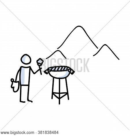 Hand Drawn Stickman Cookout Bbq Concept. Simple Outdoor Vacation Doodle Icon For Staycation, Family 