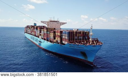 Mediterranean Sea - June 25, 2020: Maersk Hidalgo Mega Container Ship. Ulcv Fully Loaded With Freigh