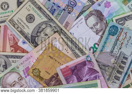 Multicurrency Background Of Us Dollars, Russian Rubles, Belarusian Rubles, Egyptian Pounds And Ukrai