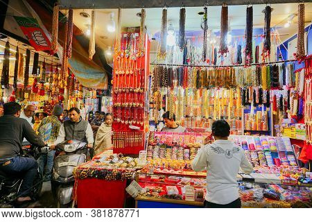 Haridwar, Garhwal, India - 3rd November 2018 : Colourful Ornaments Being Sold, Night Image Of Motiba