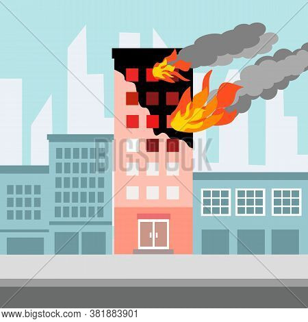 Fire Burning Tower Of Apartment Building. Orange Flames In The Windows And Smoke. Building Fire Flat