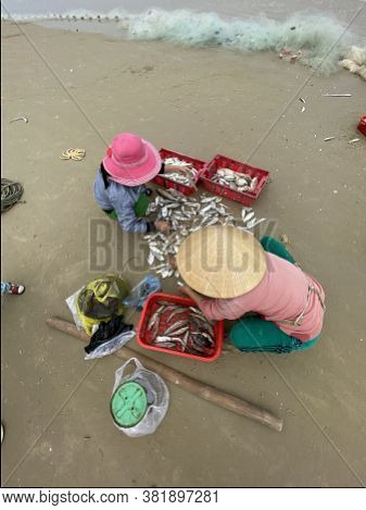 Hue, Quang Nam Province, Vietnam - January, 20, 2020: People's daily life at the fishing village nea