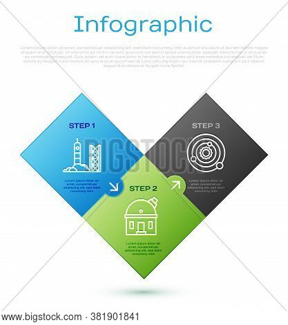 Set Line Rocket Launch From The Spaceport, Solar System And Astronomical Observatory. Business Infog
