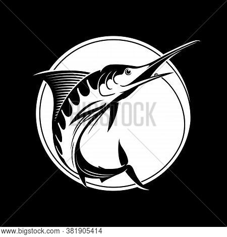 Fishing Logo Template - Blue Marlin Vector Sign. Catching Marlin On The Hook. Black And White. Stock
