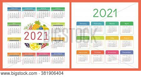 Calendar 2021 Year Set. Vector Pocket Or Wall Square Calender Design Template Collection. January, F